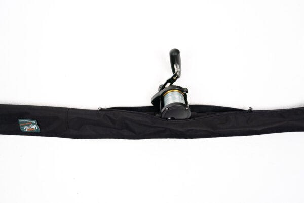 A black bag with a fishing rod attached to it.