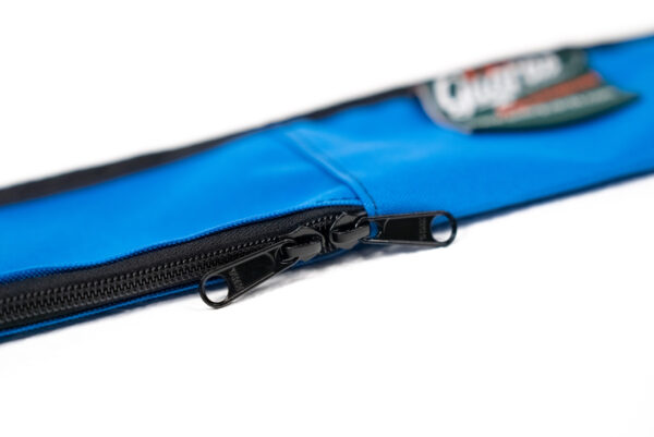 A blue zippered pouch with a black zipper.